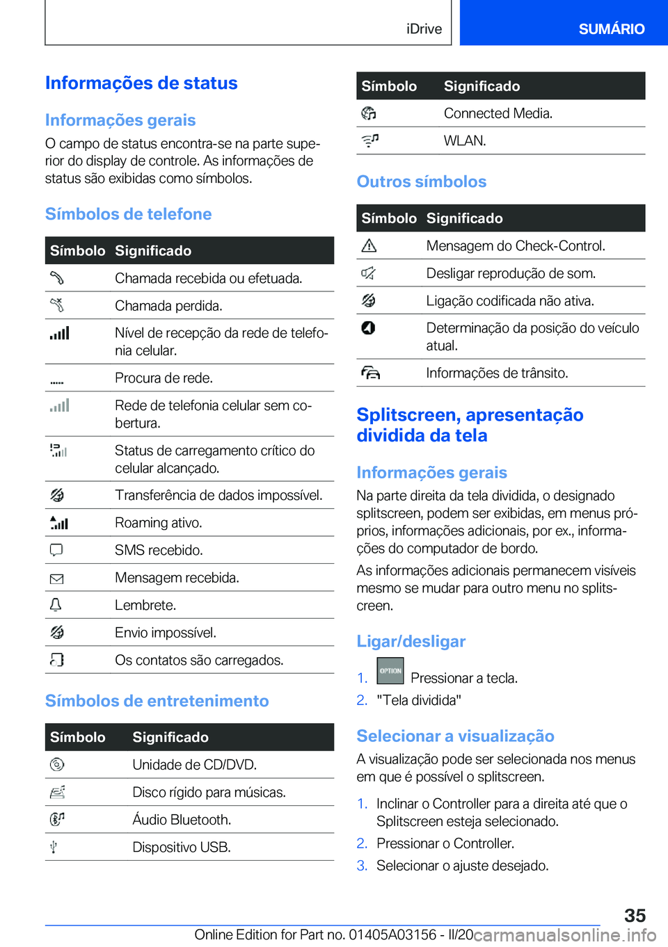 BMW M4 2020  Manual do condutor (in Portuguese) �I�n�f�o�r�m�a�