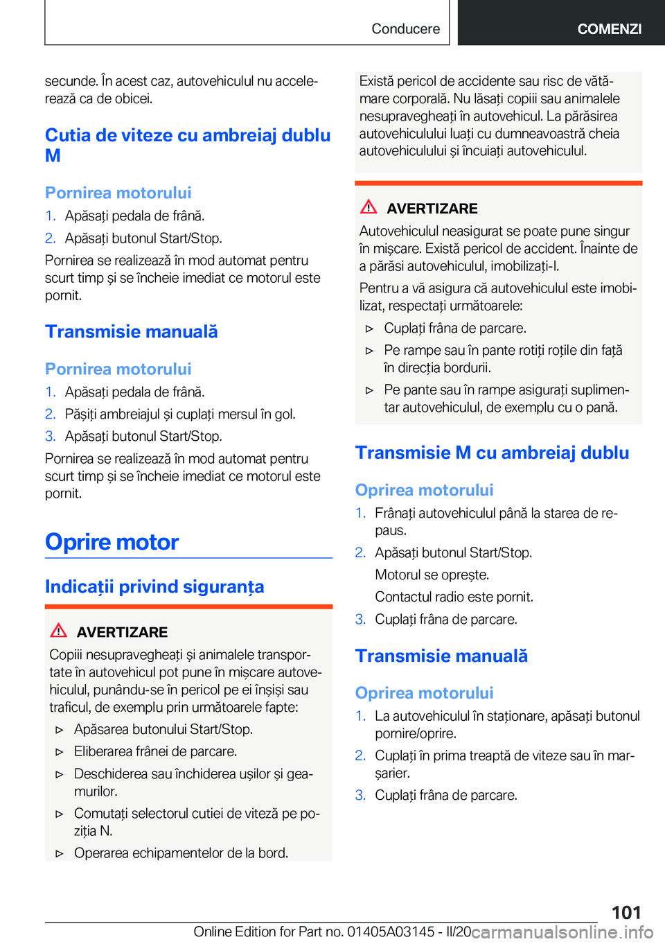 BMW M4 2020  Ghiduri De Utilizare (in Romanian) �s�e�c�u�n�d�e�.��