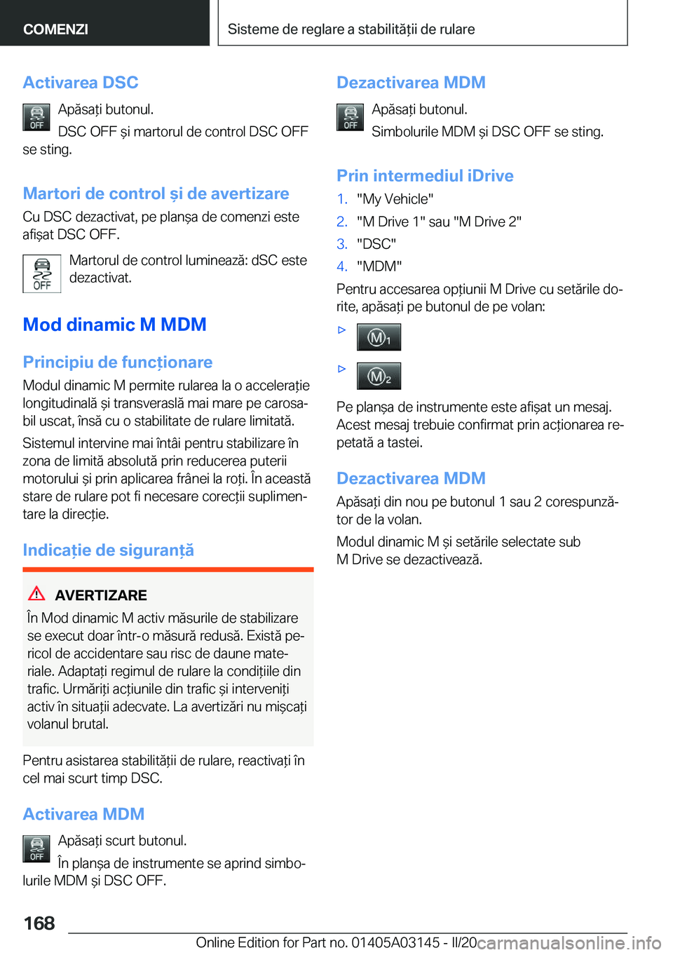 BMW M4 2020  Ghiduri De Utilizare (in Romanian) �A�c�t�i�v�a�r�e�a��D�S�C�A�p�