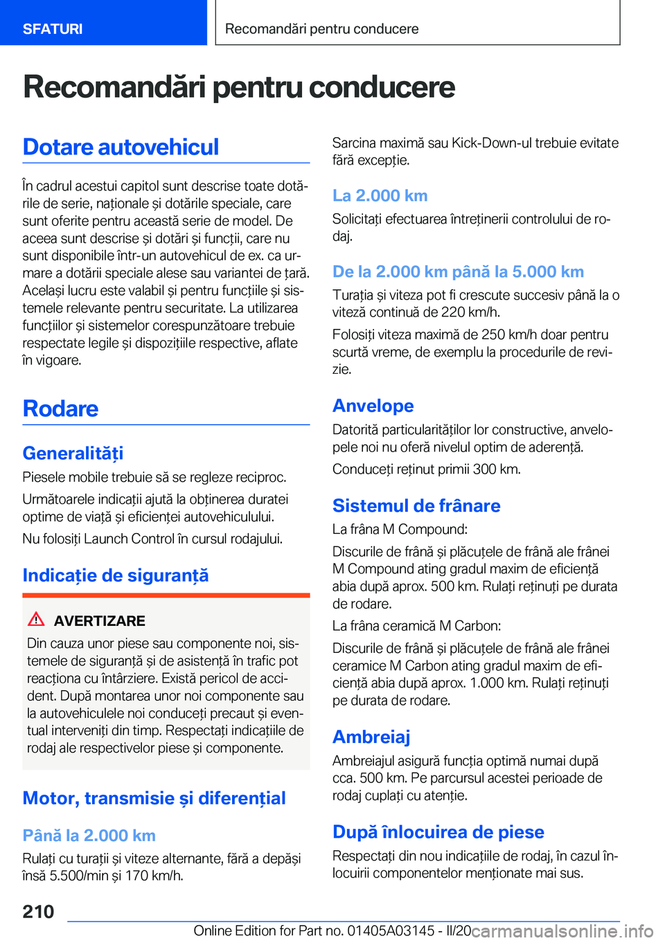 BMW M4 2020  Ghiduri De Utilizare (in Romanian) �R�e�c�o�m�a�n�d�