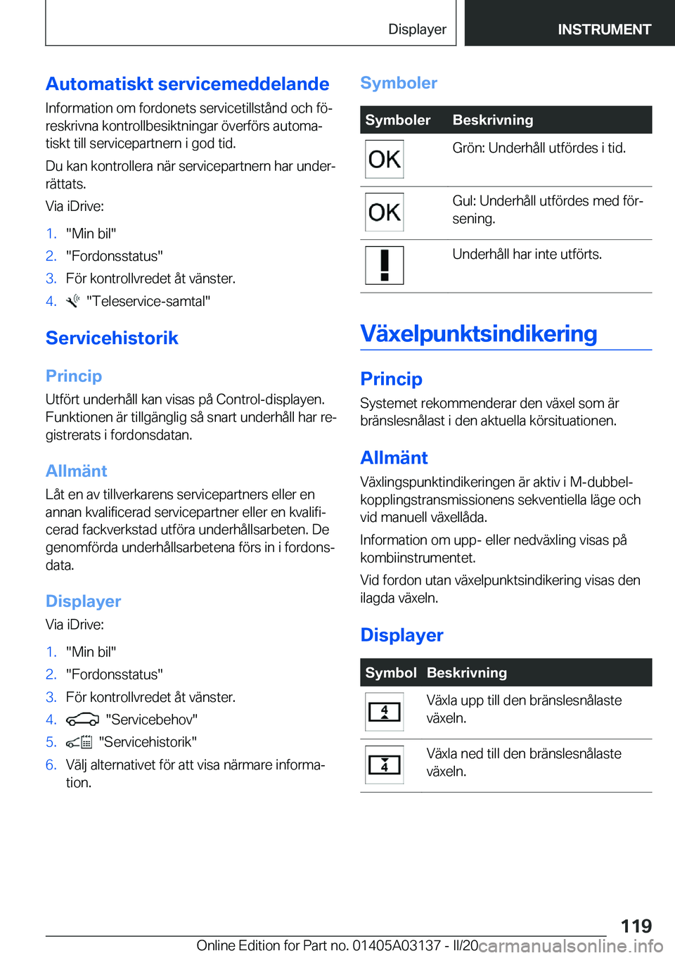 BMW M4 2020  InstruktionsbÖcker (in Swedish) �A�u�t�o�m�a�t�i�s�k�t��s�e�r�v�i�c�e�m�e�d�d�e�l�a�n�d�e�I�n�f�o�r�m�a�t�i�o�n��o�m��f�o�r�d�o�n�e�t�s��s�e�r�v�i�c�e�t�i�l�l�s�t�å�n�d��o�c�h��f�