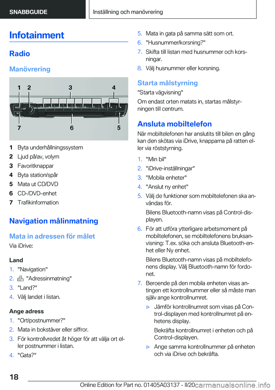 BMW M4 2020  InstruktionsbÖcker (in Swedish) �I�n�f�o�t�a�i�n�m�e�n�t
�R�a�d�i�o
�M�a�n�