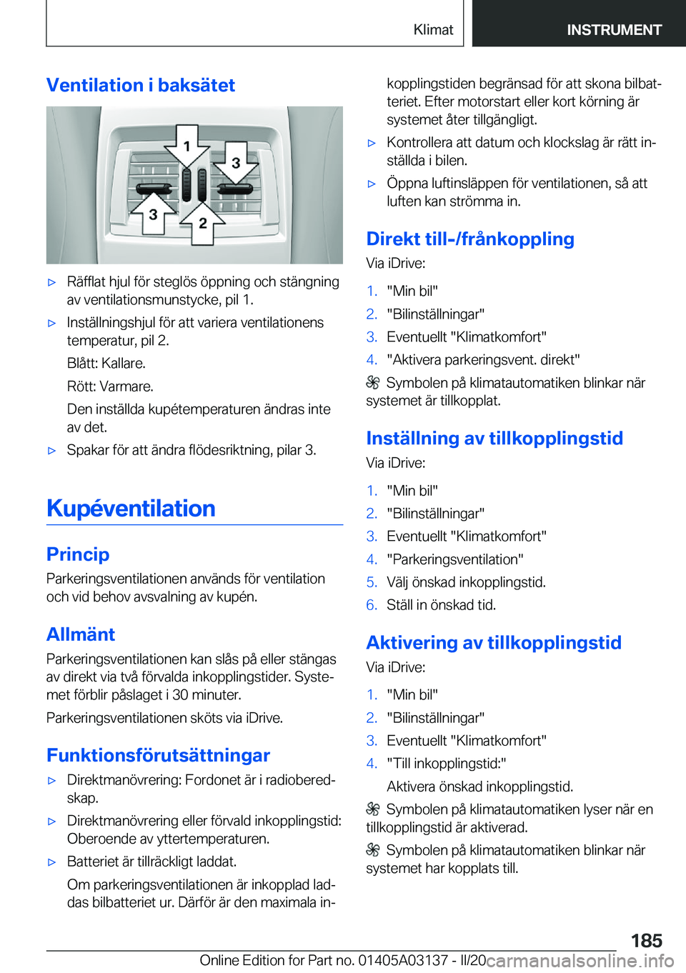 BMW M4 2020  InstruktionsbÖcker (in Swedish) �V�e�n�t�i�l�a�t�i�o�n��i��b�a�k�s�ä�t�e�t'x�R�ä�f�f�l�a�t��h�j�u�l��f�