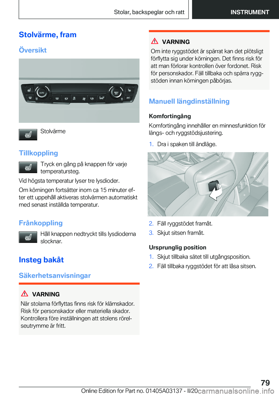 BMW M4 2020  InstruktionsbÖcker (in Swedish) �S�t�o�l�v�ä�r�m�e�,��f�r�a�m�