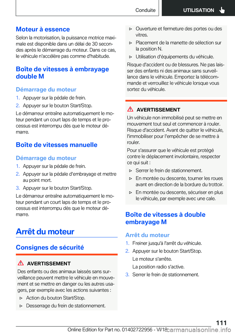 BMW M4 2019  Notices Demploi (in French) �M�o�t�e�u�r��
