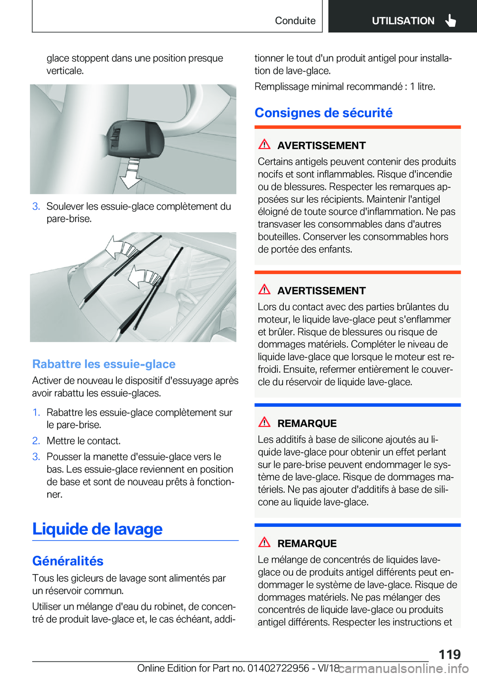 BMW M4 2019  Notices Demploi (in French) �g�l�a�c�e��s�t�o�p�p�e�n�t��d�a�n�s��u�n�e��p�o�s�i�t�i�o�n��p�r�e�s�q�u�e
�v�e�r�t�i�c�a�l�e�.�3�.�S�o�u�l�e�v�e�r��l�e�s��e�s�s�u�i�e�-�g�l�a�c�e��c�o�m�p�l�è�t�e�m�e�n�t��d�u
�p�a�r�e�-�