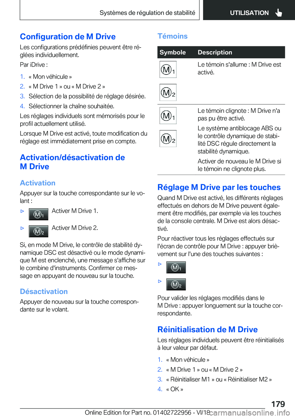 BMW M4 2019  Notices Demploi (in French) �C�o�n�f�i�g�u�r�a�t�i�o�n��d�e��M��D�r�i�v�e
�L�e�s��c�o�n�f�i�g�u�r�a�t�i�o�n�s��p�r�é�d�é�f�i�n�i�e�s��p�e�u�v�e�n�t��ê�t�r�e��r�éj
�g�l�é�e�s��i�n�d�i�v�i�d�u�e�l�l�e�m�e�n�t�.
�P�a