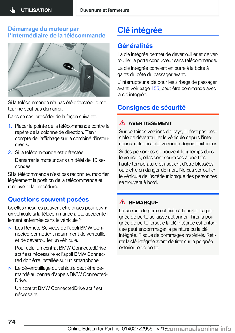 BMW M4 2019  Notices Demploi (in French) �D�é�m�a�r�r�a�g�e��d�u��m�o�t�e�u�r��p�a�r
�l�'�i�n�t�e�r�m�é�d�i�a�i�r�e��d�e��l�a��t�é�l�é�c�o�m�m�a�n�d�e
�S�i��l�a��t�é�l�é�c�o�m�m�a�n�d�e��n�'�a��p�a�s��é�t�é��d�é�