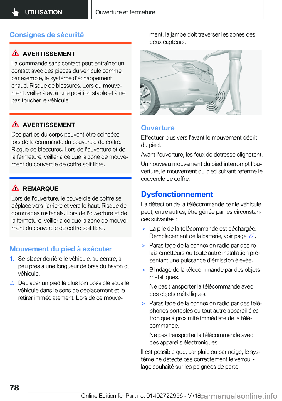 BMW M4 2019  Notices Demploi (in French) �C�o�n�s�i�g�n�e�s��d�e��s�é�c�u�r�i�t�é
�A�V�E�R�T�I�S�S�E�M�E�N�T
�L�a��c�o�m�m�a�n�d�e��s�a�n�s��c�o�n�t�a�c�t��p�e�u�t��e�n�t�r�a�î�n�e�r��u�n
�c�o�n�t�a�c�t��a�v�e�c��d�e�s��p�i�è�