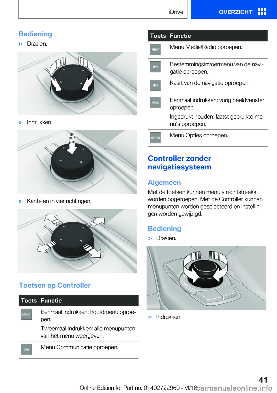 BMW M4 2019  Instructieboekjes (in Dutch) �B�e�d�i�e�n�i�n�g'x�D�r�a�a�i�e�n�.'x�I�n�d�r�u�k�k�e�n�.'x�K�a�n�t�e�l�e�n��i�n��v�i�e�r��r�i�c�h�t�i�n�g�e�n�.
�T�o�e�t�s�e�n��o�p��C�o�n�t�r�o�l�l�e�r
�T�o�e�t�s�F�u�n�c�t�i�e�E�e