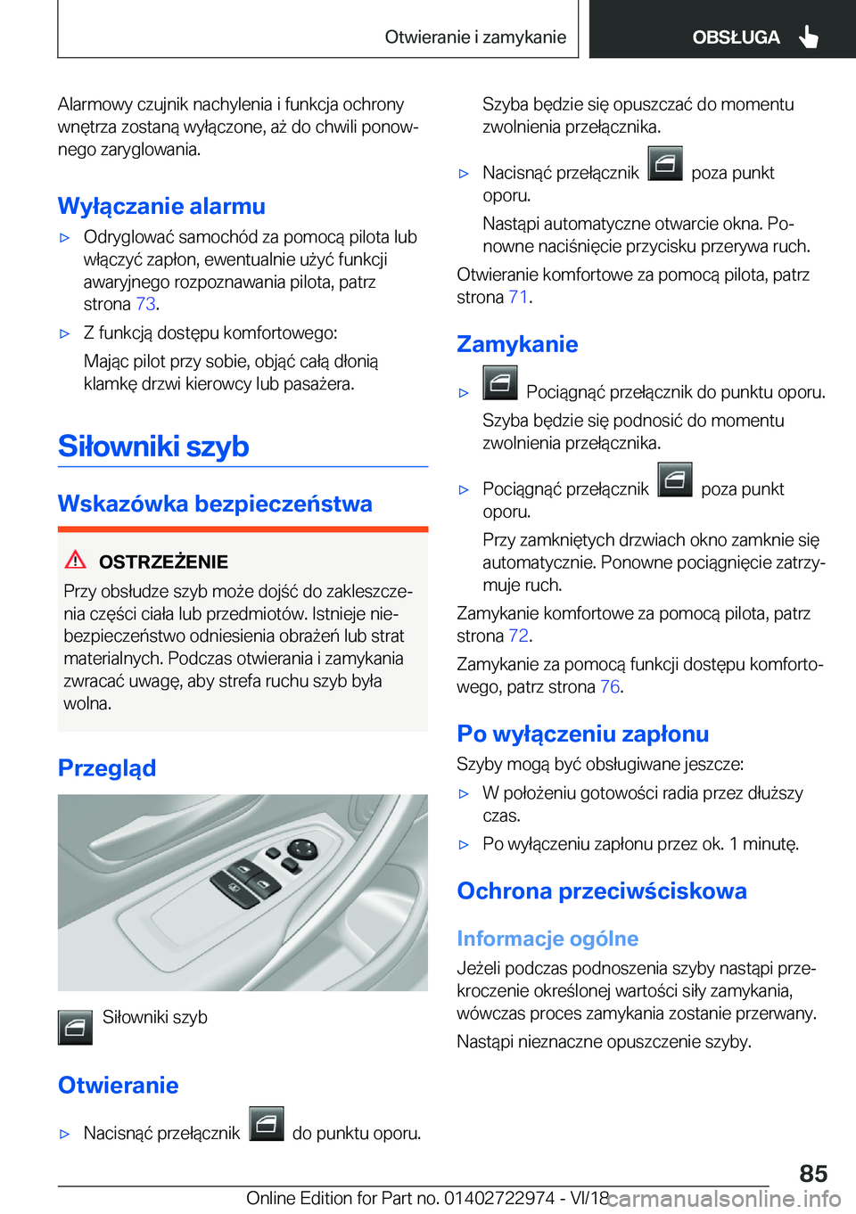 BMW M4 2019  Instrukcja obsługi (in Polish) �A�l�a�r�m�o�w�y��c�z�u�j�n�i�k��n�a�c�h�y�l�e�n�i�a��i��f�u�n�k�c�j�a��o�c�h�r�o�n�y
�w�n�