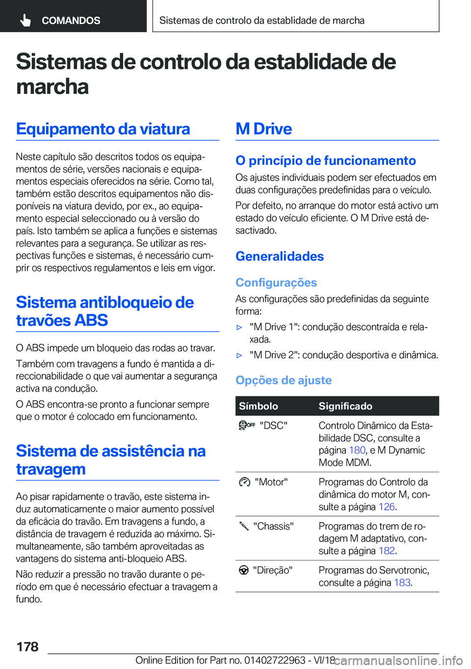 BMW M4 2019  Manual do condutor (in Portuguese) �S�i�s�t�e�m�a�s��d�e��c�o�n�t�r�o�l�o��d�a��e�s�t�a�b�l�i�d�a�d�e��d�e
�m�a�r�c�h�a�E�q�u�i�p�a�m�e�n�t�o��d�a��v�i�a�t�u�r�a
�N�e�s�t�e��c�a�p�