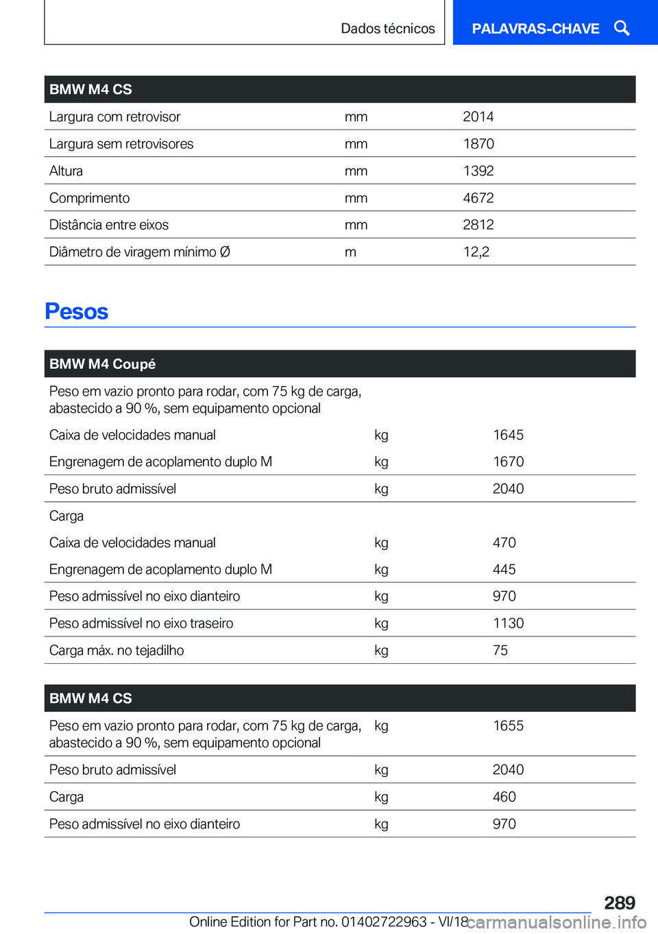 BMW M4 2019  Manual do condutor (in Portuguese) �B�M�W��M�4��C�S�L�a�r�g�u�r�a��c�o�m��r�e�t�r�o�v�i�s�o�r�m�m�2�0�1�4�L�a�r�g�u�r�a��s�e�m��r�e�t�r�o�v�i�s�o�r�e�s�m�m�1�8�7�0�A�l�t�u�r�a�m�m�1�3�9�2�C�o�m�p�r�i�m�e�n�t�o�m�m�4�6�7�2�D�i�s�t