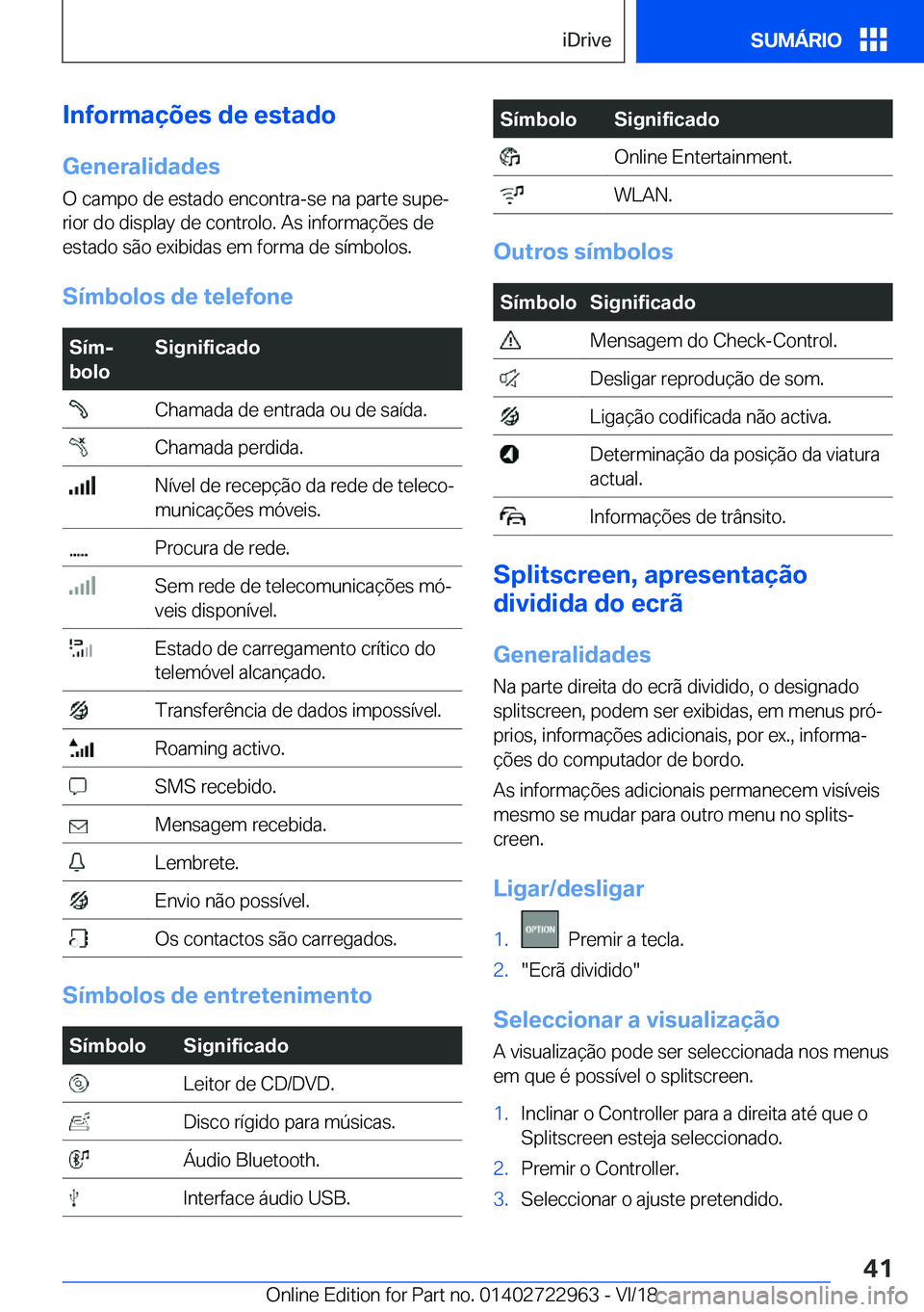 BMW M4 2019  Manual do condutor (in Portuguese) �I�n�f�o�r�m�a�