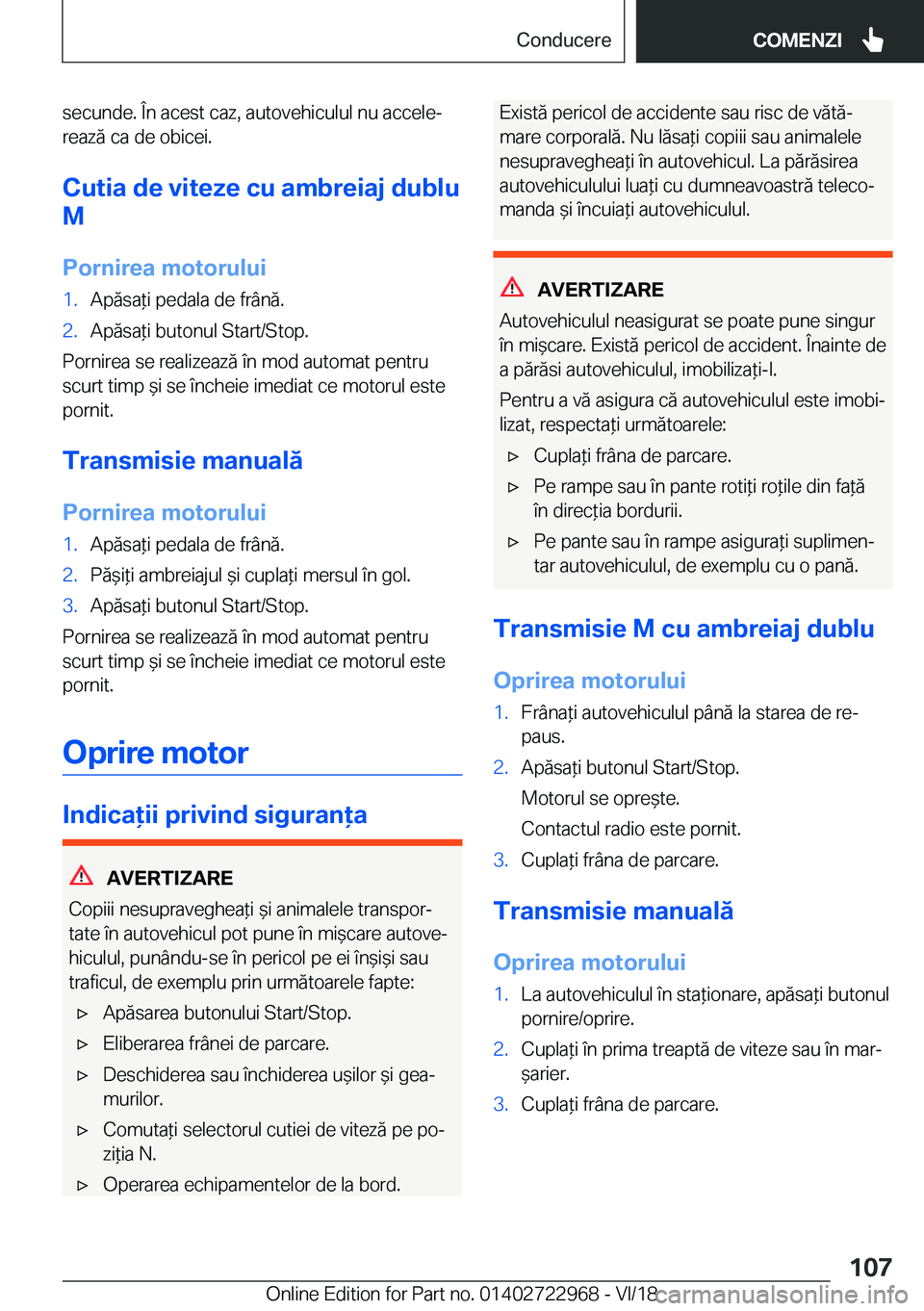 BMW M4 2019  Ghiduri De Utilizare (in Romanian) �s�e�c�u�n�d�e�.��