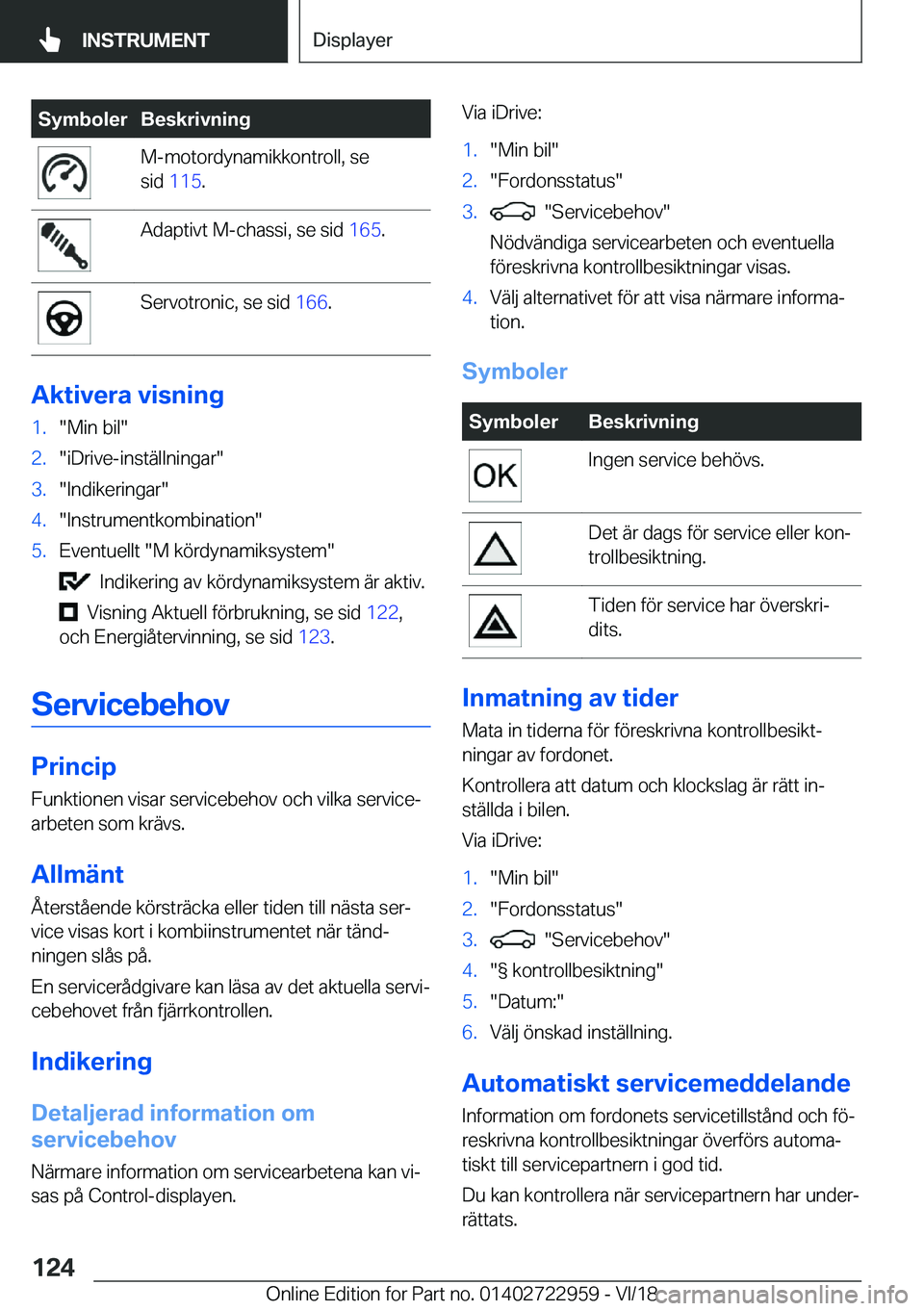 BMW M4 2019  InstruktionsbÖcker (in Swedish) �S�y�m�b�o�l�e�r�B�e�s�k�r�i�v�n�i�n�g�M�-�m�o�t�o�r�d�y�n�a�m�i�k�k�o�n�t�r�o�l�l�,��s�e
�s�i�d� �1�1�5 �.�A�d�a�p�t�i�v�t��M�-�c�h�a�s�s�i�,��s�e��s�i�d� �1�6�5�.�S�e�r�v�o�t�r�o�n�i�c�,��s�e