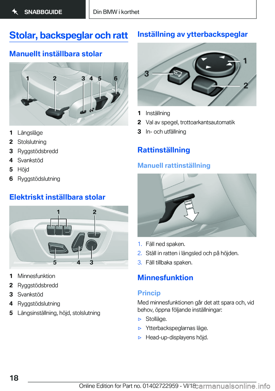 BMW M4 2019  InstruktionsbÖcker (in Swedish) �S�t�o�l�a�r�,��b�a�c�k�s�p�e�g�l�a�r��o�c�h��r�a�t�t
�M�a�n�u�e�l�l�t��i�n�s�t�ä�l�l�b�a�r�a��s�t�o�l�a�r
�1�L�ä�n�g�s�l�ä�g�e�2�S�t�o�l�s�l�u�t�n�i�n�g�3�R�y�g�g�s�t�