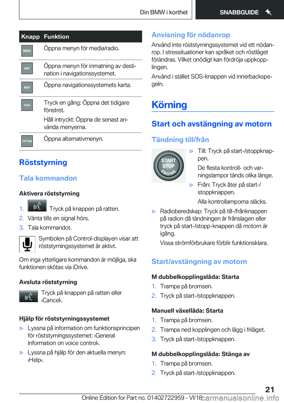 BMW M4 2019  InstruktionsbÖcker (in Swedish) �K�n�a�p�p�F�u�n�k�t�i�o�n�