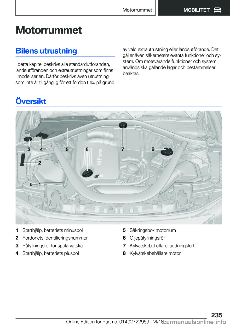 BMW M4 2019  InstruktionsbÖcker (in Swedish) �M�o�t�o�r�r�u�m�m�e�t�B�i�l�e�n�s��u�t�r�u�s�t�n�i�n�g
�I��d�e�t�t�a��k�a�p�i�t�e�l��b�e�s�k�r�i�v�s��a�l�l�a��s�t�a�n�d�a�r�d�u�t�f�