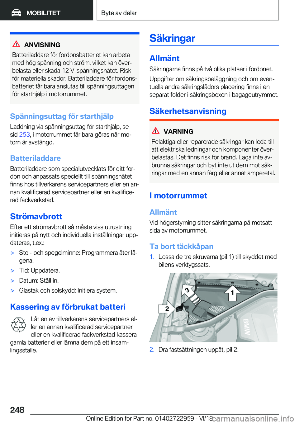 BMW M4 2019  InstruktionsbÖcker (in Swedish) �A�N�V�I�S�N�I�N�G
�B�a�t�t�e�r�i�l�a�d�d�a�r�e��f�