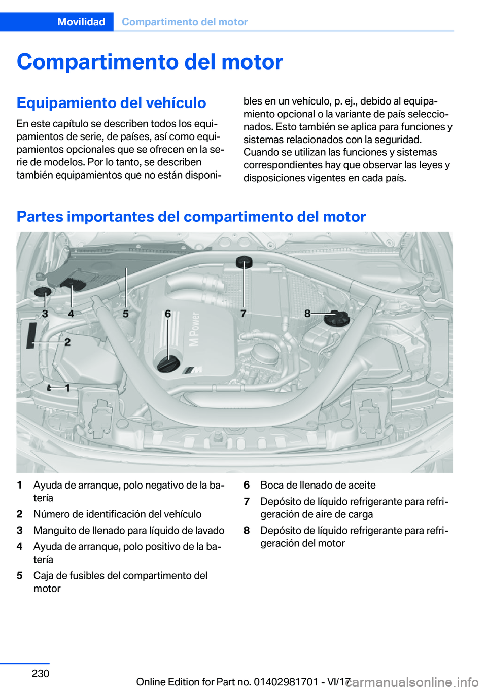 BMW M4 2018  Manuales de Empleo (in Spanish) �C�o�m�p�a�r�t�i�m�e�n�t�o��d�e�l��m�o�t�o�r�E�q�u�i�p�a�m�i�e�n�t�o��d�e�l��v�e�h�