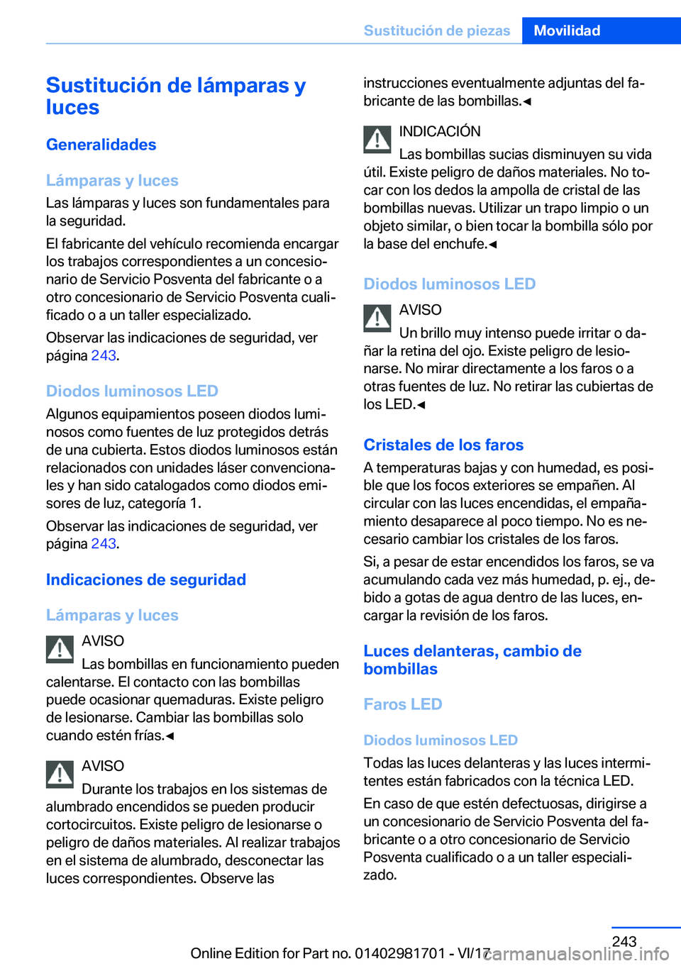 BMW M4 2018  Manuales de Empleo (in Spanish) �S�u�s�t�i�t�u�c�i�