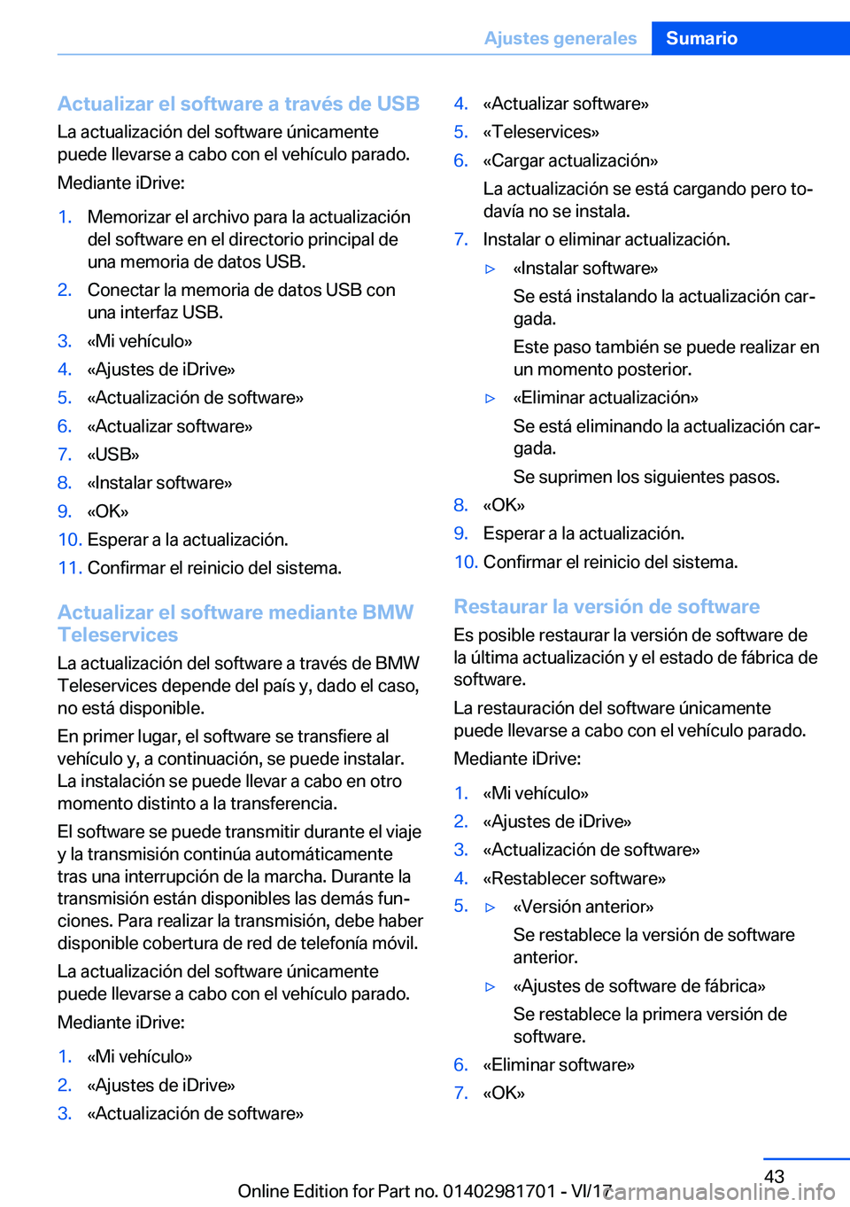 BMW M4 2018  Manuales de Empleo (in Spanish) �A�c�t�u�a�l�i�z�a�r��e�l��s�o�f�t�w�a�r�e��a��t�r�a�v�