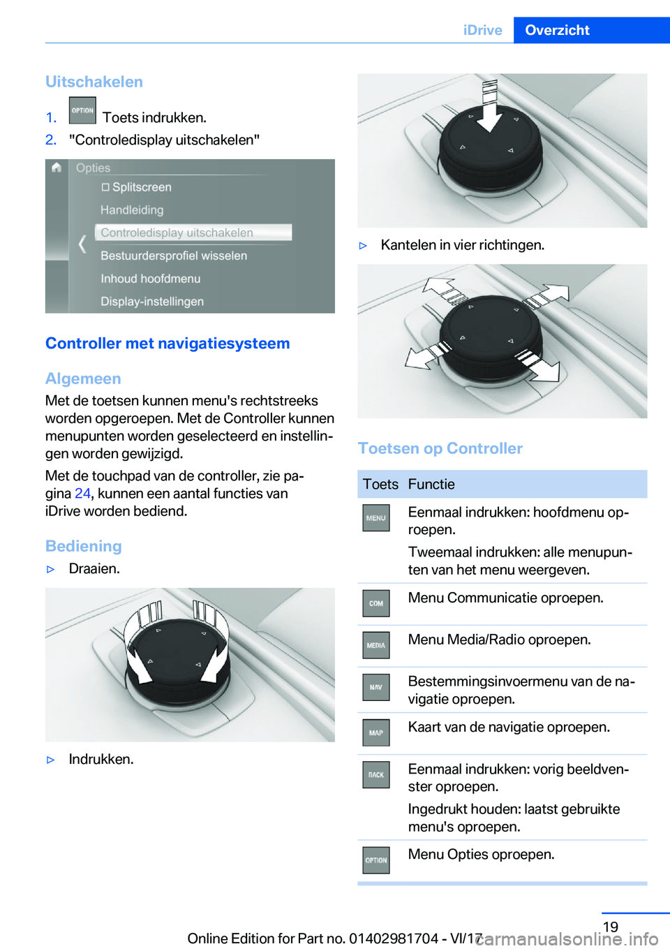 BMW M4 2018  Instructieboekjes (in Dutch) �U�i�t�s�c�h�a�k�e�l�e�n�1�.� � �T�o�e�t�s� �i�n�d�r�u�k�k�e�n�.�2�.�"�C�o�n�t�r�o�l�e�d�i�s�p�l�a�y� �u�i�t�s�c�h�a�k�e�l�e�n�"
�C�o�n�t�r�o�l�l�e�r��m�e�t��n�a�v�i�g�a�t�i�e�s�y�s�t�e�e�m
