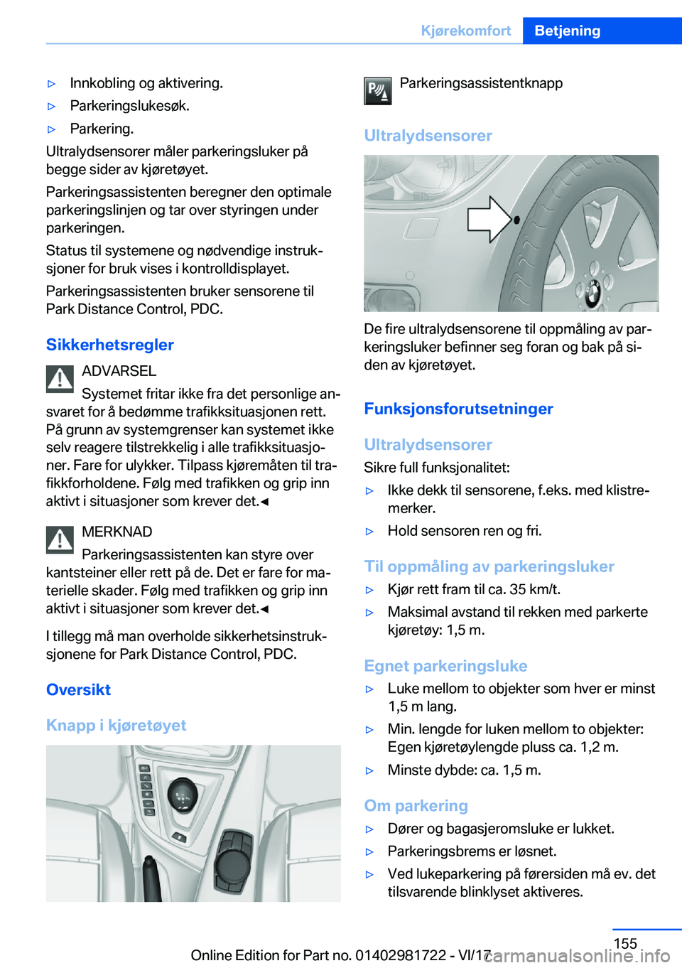 BMW M4 2018  InstruksjonsbØker (in Norwegian) 'y�I�n�n�k�o�b�l�i�n�g� �o�g� �a�k�t�i�v�e�r�i�n�g�.'y�P�a�r�k�e�r�i�n�g�s�l�u�k�e�s�