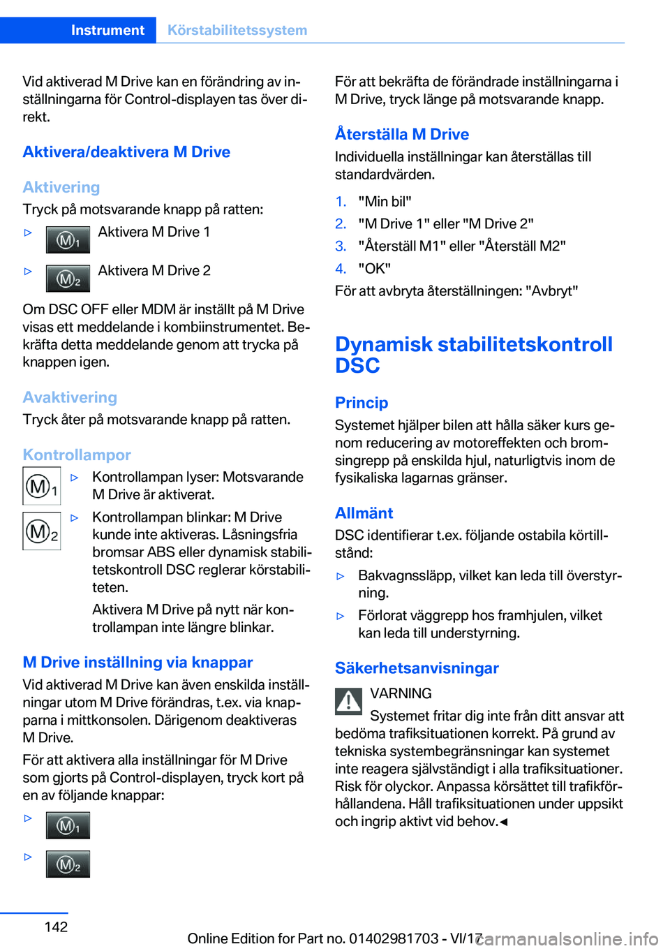BMW M4 2018  InstruktionsbÖcker (in Swedish) �V�i�d� �a�k�t�i�v�e�r�a�d� �M� �D�r�i�v�e� �k�a�n� �e�n� �f�