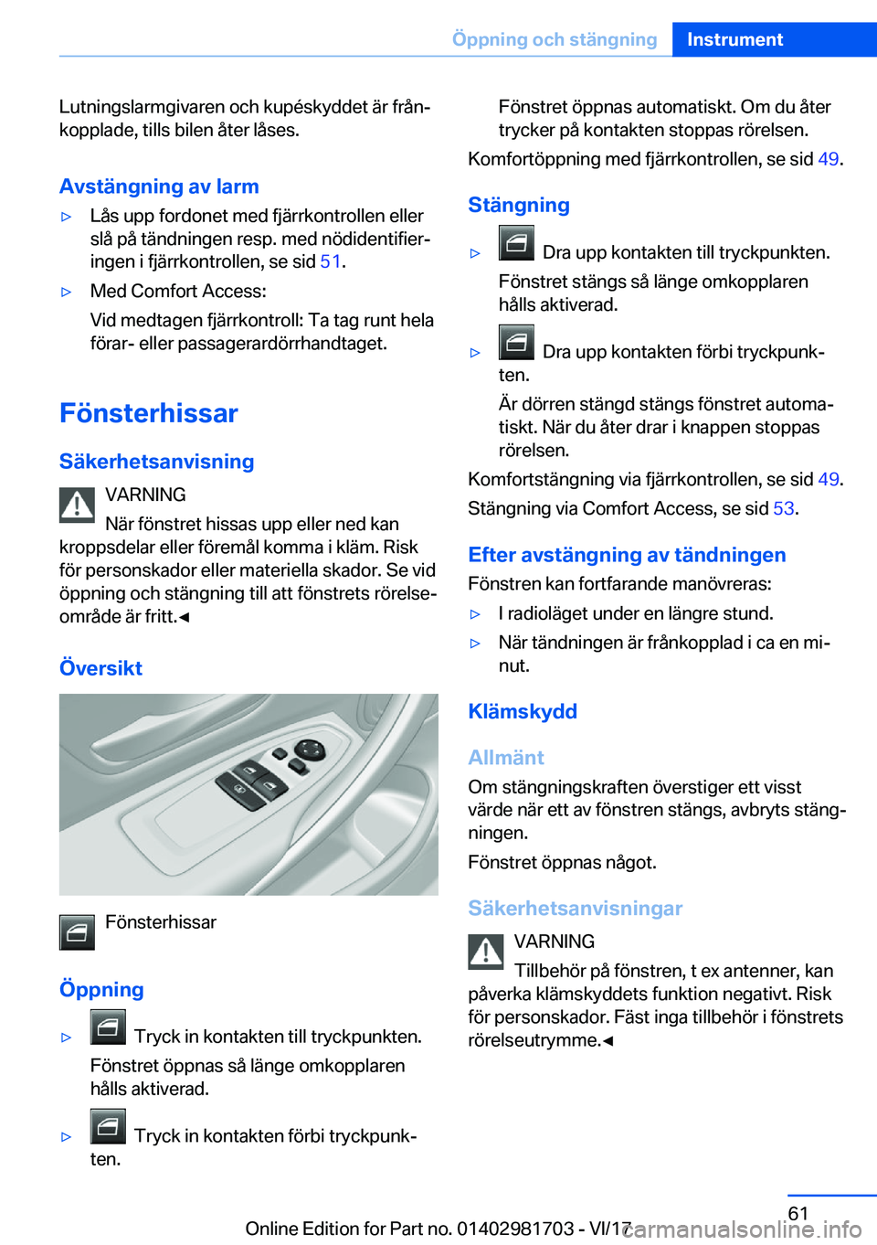 BMW M4 2018  InstruktionsbÖcker (in Swedish) �L�u�t�n�i�n�g�s�l�a�r�m�g�i�v�a�r�e�n� �o�c�h� �k�u�p�