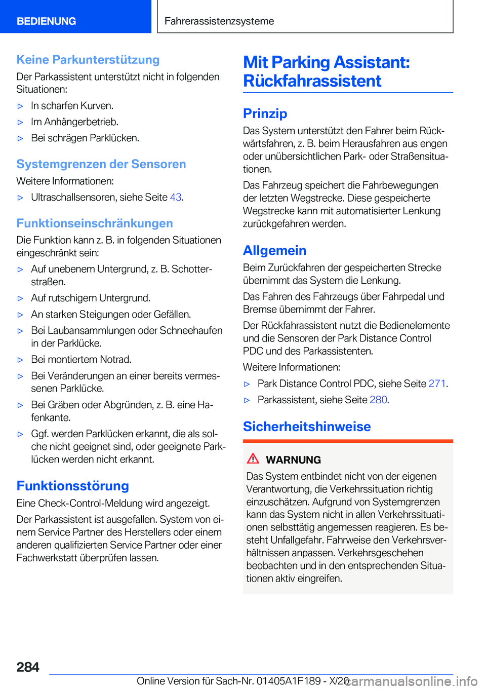 BMW M5 2021  Betriebsanleitungen (in German) �K�e�i�n�e��P�a�r�k�u�n�t�e�r�s�t�
