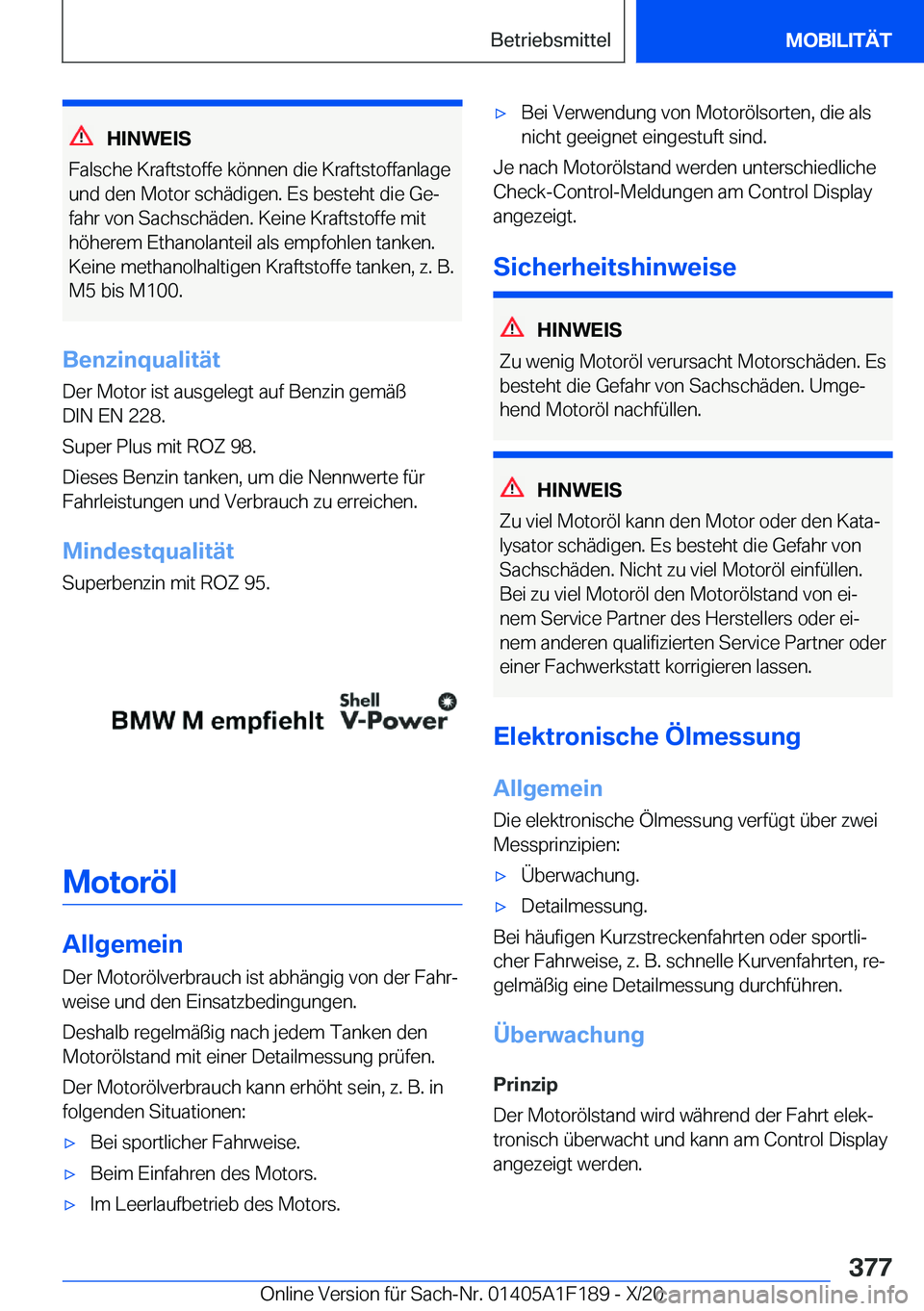 BMW M5 2021  Betriebsanleitungen (in German) �H�I�N�W�E�I�S
�F�a�l�s�c�h�e��K�r�a�f�t�s�t�o�f�f�e��k�