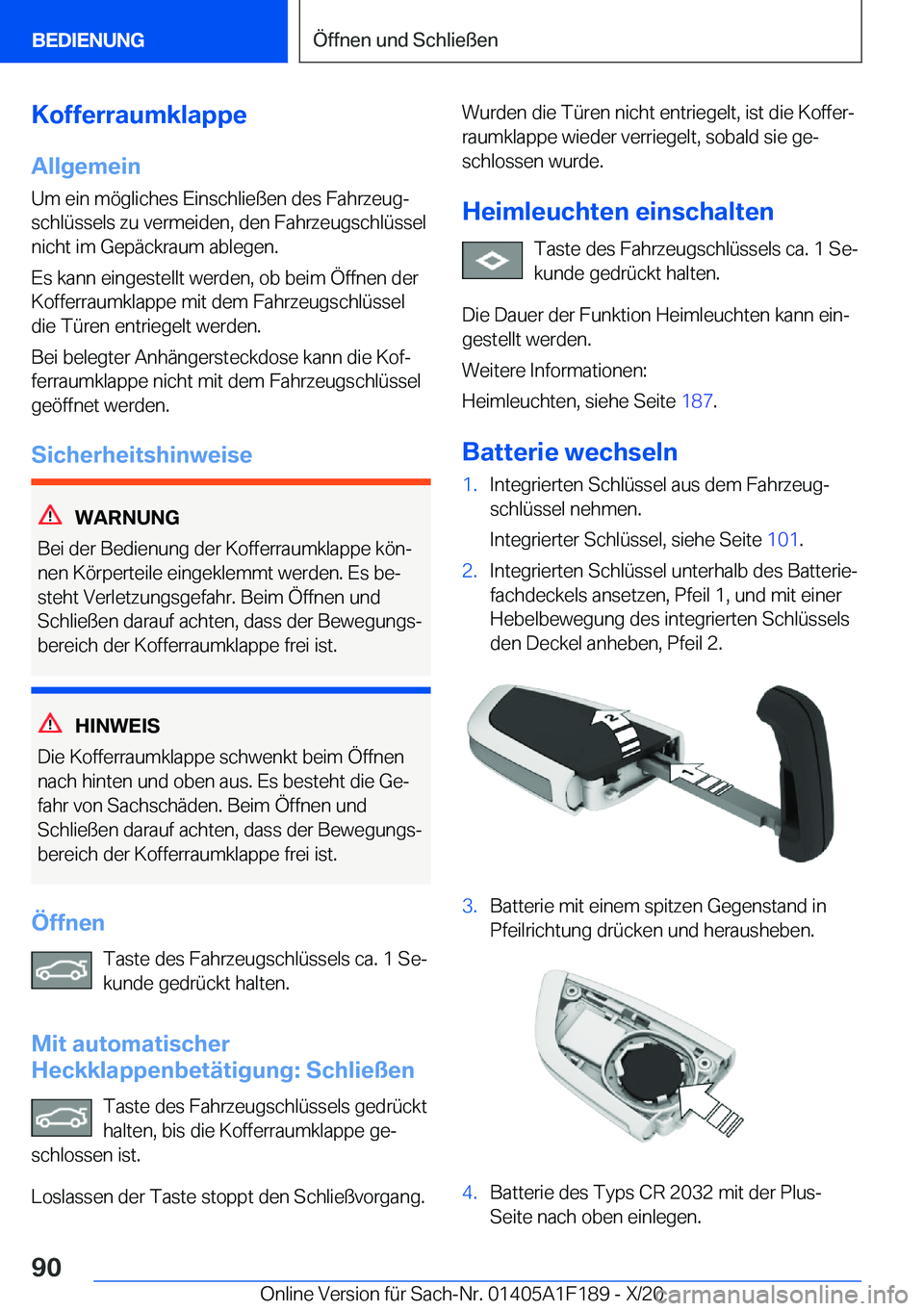 BMW M5 2021  Betriebsanleitungen (in German) �K�o�f�f�e�r�r�a�u�m�k�l�a�p�p�e�A�l�l�g�e�m�e�i�n�U�m��e�i�n��m�