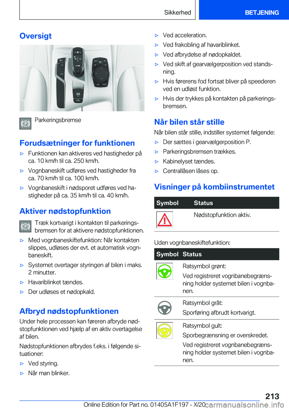 BMW M5 2021  InstruktionsbØger (in Danish) �O�v�e�r�s�i�g�t
�P�a�r�k�e�r�i�n�g�s�b�r�e�m�s�e
�F�o�r�u�d�s�æ�t�n�i�n�g�e�r��f�o�r��f�u�n�k�t�i�o�n�e�n
'x�F�u�n�k�t�i�o�n�e�n��k�a�n��a�k�t�i�v�e�r�e�s��v�e�d��h�a�s�t�i�g�h�e�d�e�r��p