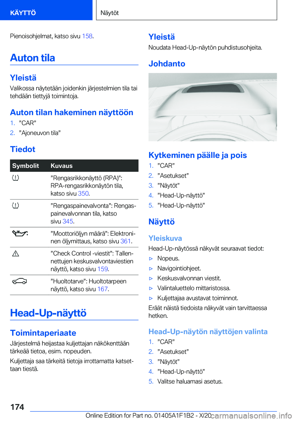 BMW M5 2021  Omistajan Käsikirja (in Finnish) �P�i�e�n�o�i�s�o�h�j�e�l�m�a�t�,��k�a�t�s�o��s�i�v�u��1�5�8�.
�A�u�t�o�n��t�i�l�a
�Y�l�e�i�s�t�