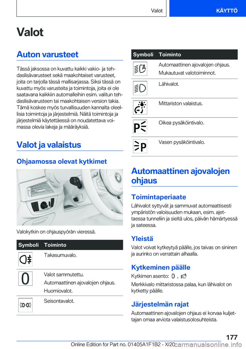 BMW M5 2021  Omistajan Käsikirja (in Finnish) �V�a�l�o�t�A�u�t�o�n��v�a�r�u�s�t�e�e�t
�T�