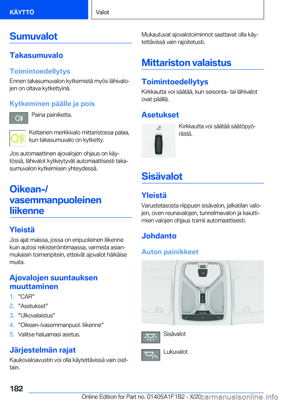 BMW M5 2021  Omistajan Käsikirja (in Finnish) �S�u�m�u�v�a�l�o�t
�T�a�k�a�s�u�m�u�v�a�l�o�T�o�i�m�i�n�t�o�e�d�e�l�l�y�t�y�s �E�n�n�e�n��t�a�k�a�s�u�m�u�v�a�l�o�n��k�y�t�k�e�m�i�s�t�
