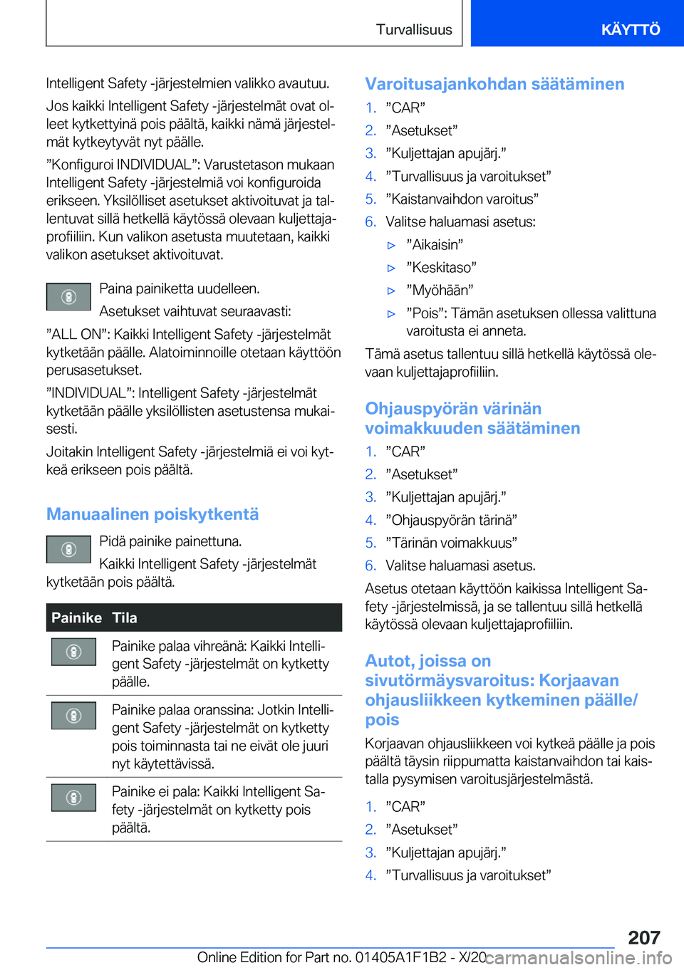 BMW M5 2021  Omistajan Käsikirja (in Finnish) �I�n�t�e�l�l�i�g�e�n�t��S�a�f�e�t�y��-�j�