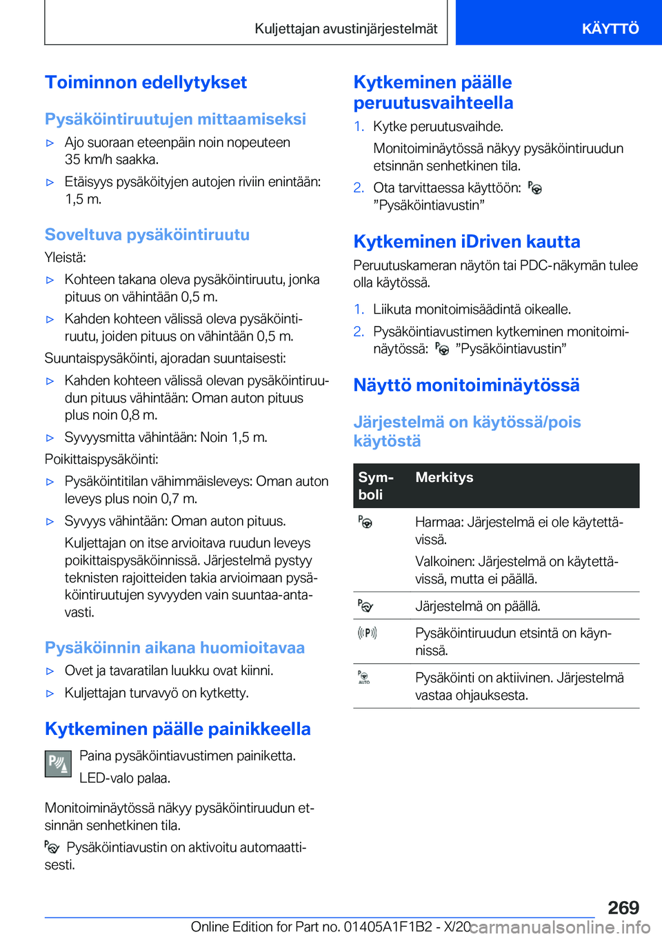 BMW M5 2021  Omistajan Käsikirja (in Finnish) �T�o�i�m�i�n�n�o�n��e�d�e�l�l�y�t�y�k�s�e�t�P�y�s�