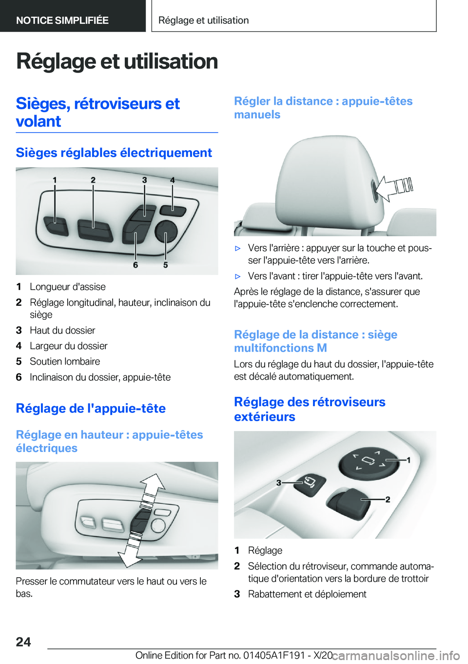 BMW M5 2021  Notices Demploi (in French) �R�é�g�l�a�g�e��e�t��u�t�i�l�i�s�a�t�i�o�n�S�i�è�g�e�s�,��r�é�t�r�o�v�i�s�e�u�r�s��e�t�v�o�l�a�n�t
�S�i�è�g�e�s��r�é�g�l�a�b�l�e�s��é�l�e�c�t�r�i�q�u�e�m�e�n�t
�1�L�o�n�g�u�e�u�r��d�'