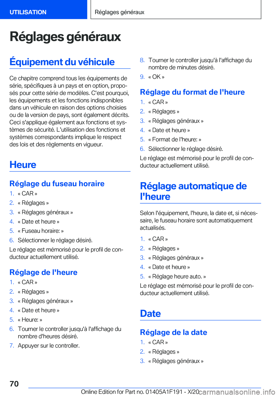 BMW M5 2021  Notices Demploi (in French) �R�é�g�l�a�g�e�s��g�é�n�é�r�a�u�x�