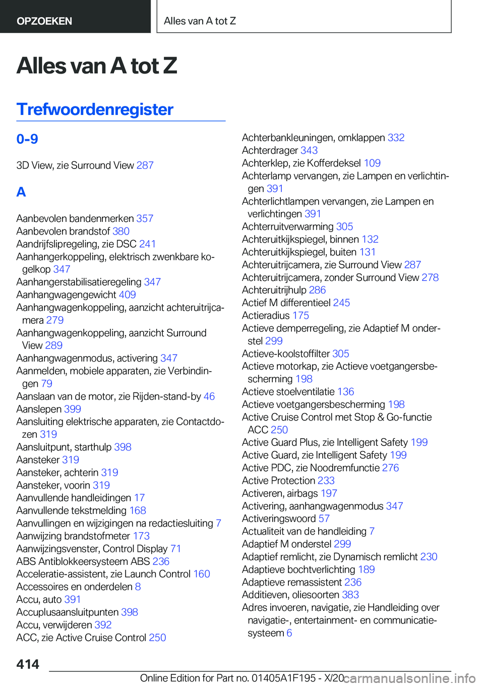 BMW M5 2021  Instructieboekjes (in Dutch) �A�l�l�e�s��v�a�n��A��t�o�t��Z
�T�r�e�f�w�o�o�r�d�e�n�r�e�g�i�s�t�e�r�0�-�9
�3�D��V�i�e�w�,��z�i�e��S�u�r�r�o�u�n�d��V�i�e�w� �2�8�7�
�A
�A�a�n�b�e�v�o�l�e�n��b�a�n�d�e�n�m�e�r�k�e�n� �3�5
