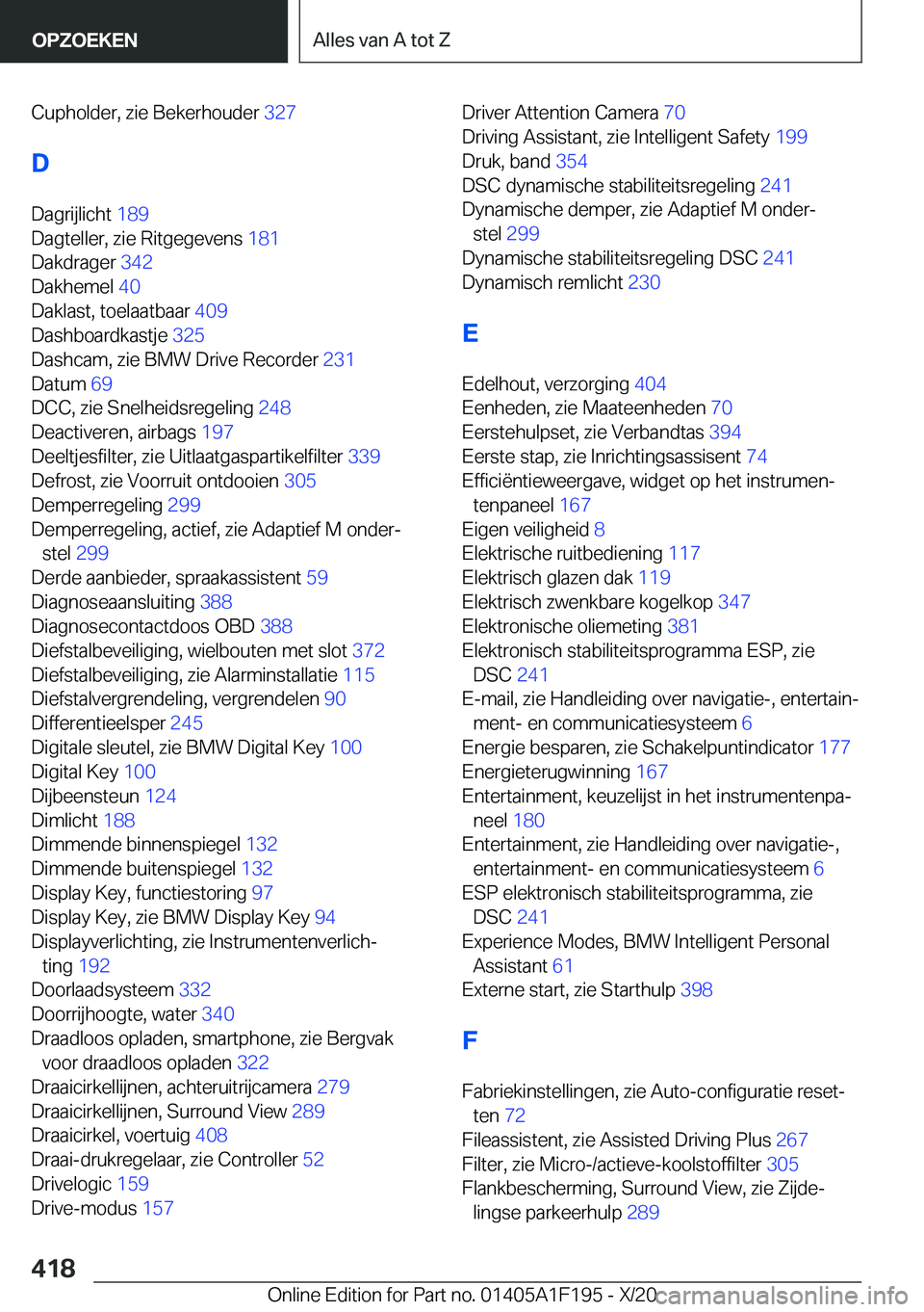 BMW M5 2021  Instructieboekjes (in Dutch) �C�u�p�h�o�l�d�e�r�,��z�i�e��B�e�k�e�r�h�o�u�d�e�r��3�2�7�
�D
�D�a�g�r�i�j�l�i�c�h�t� �1�8�9�
�D�a�g�t�e�l�l�e�r�,��z�i�e��R�i�t�g�e�g�e�v�e�n�s� �1�8�1�
�D�a�k�d�r�a�g�e�r� �3�4�2�
�D�a�k