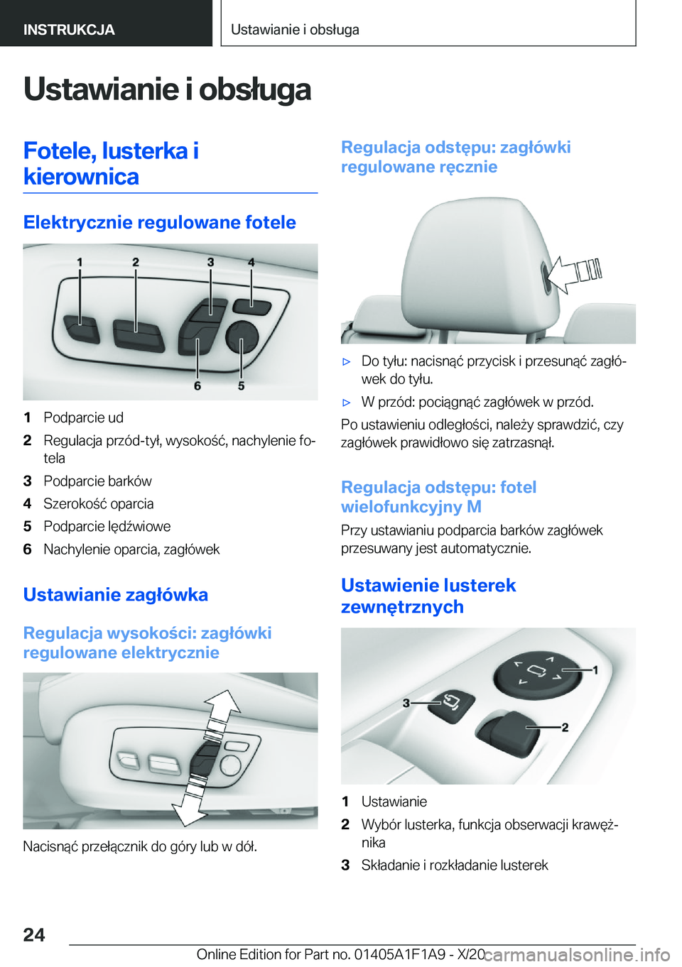 BMW M5 2021  Instrukcja obsługi (in Polish) �U�s�t�a�w�i�a�n�i�e��i��o�b�s�ł�u�g�a�F�o�t�e�l�e�,��l�u�s�t�e�r�k�a��i�k�i�e�r�o�w�n�i�c�a
�E�l�e�k�t�r�y�c�z�n�i�e��r�e�g�u�l�o�w�a�n�e��f�o�t�e�l�e
�1�P�o�d�p�a�r�c�i�e��u�d�2�R�e�g�u�l�a�