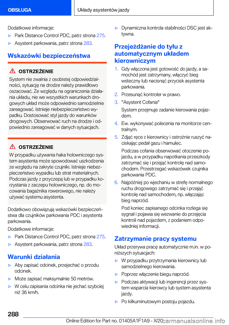 BMW M5 2021  Instrukcja obsługi (in Polish) �D�o�d�a�t�k�o�w�e��i�n�f�o�r�m�a�c�j�e�:'x�P�a�r�k��D�i�s�t�a�n�c�e��C�o�n�t�r�o�l��P�D�C�,��p�a�t�r�z��s�t�r�o�n�a��2�7�5�.'x�A�s�y�s�t�e�n�t��p�a�r�k�o�w�a�n�i�a�,��p�a�t�r�z��s�t