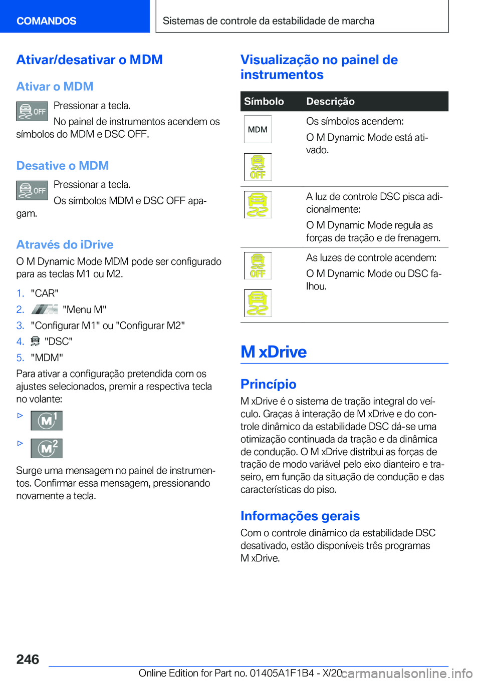 BMW M5 2021  Manual do condutor (in Portuguese) �A�t�i�v�a�r�/�d�e�s�a�t�i�v�a�r��o��M�D�M�A�t�i�v�a�r��o��M�D�M �P�r�e�s�s�i�o�n�a�r��a��t�e�c�l�a�.
�N�o��p�a�i�n�e�l��d�e��i�n�s�t�r�u�m�e�n�t�o�s��a�c�e�n�d�e�m��o�s
�s�