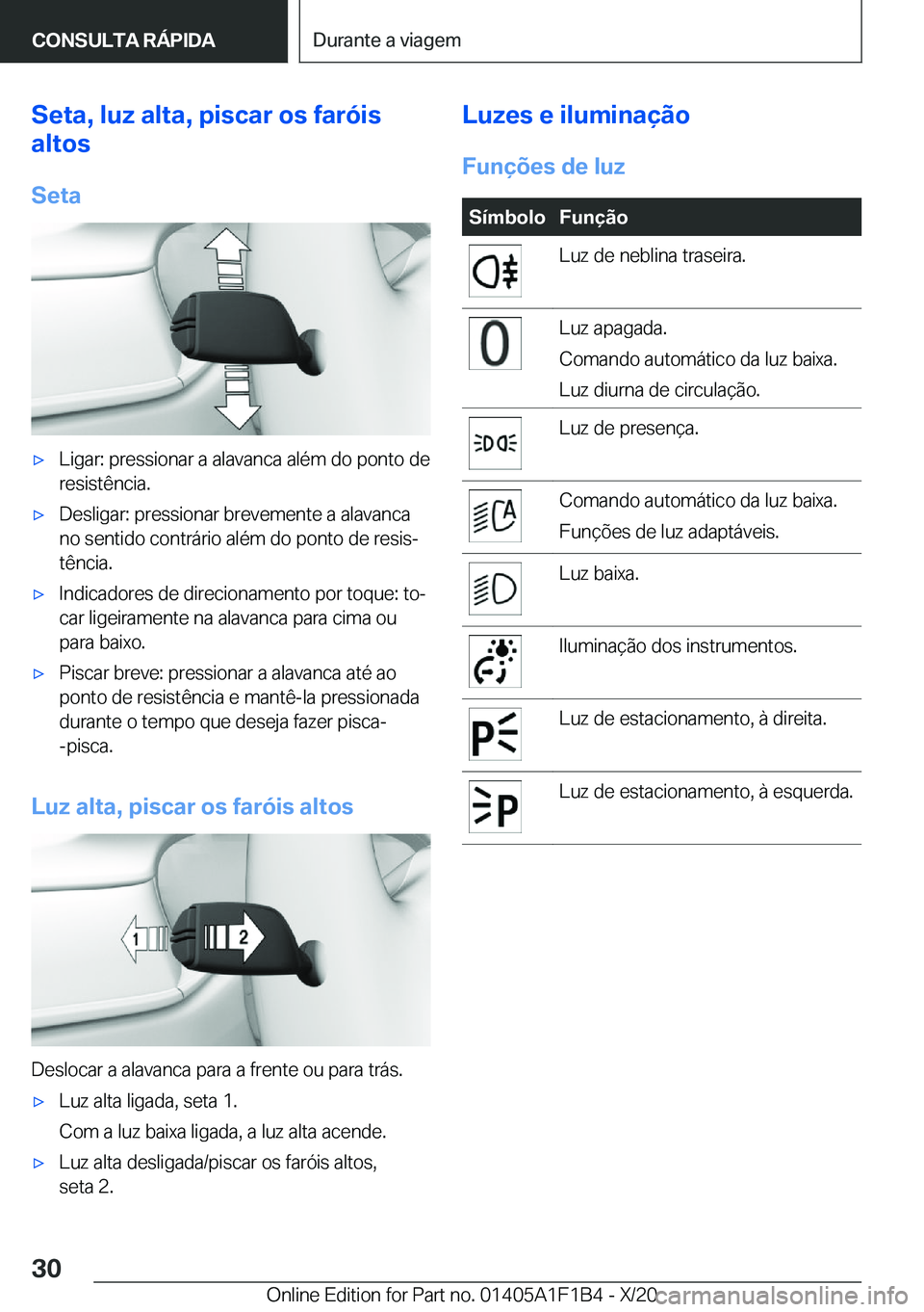 BMW M5 2021  Manual do condutor (in Portuguese) �S�e�t�a�,��l�u�z��a�l�t�a�,��p�i�s�c�a�r��o�s��f�a�r�ó�i�s
�a�l�t�o�s
�S�e�t�a'x�L�i�g�a�r�:��p�r�e�s�s�i�o�n�a�r��a��a�l�a�v�a�n�c�a��a�l�é�m��d�o��p�o�n�t�o��d�e
�r�e�s�i�s�t�ê�n