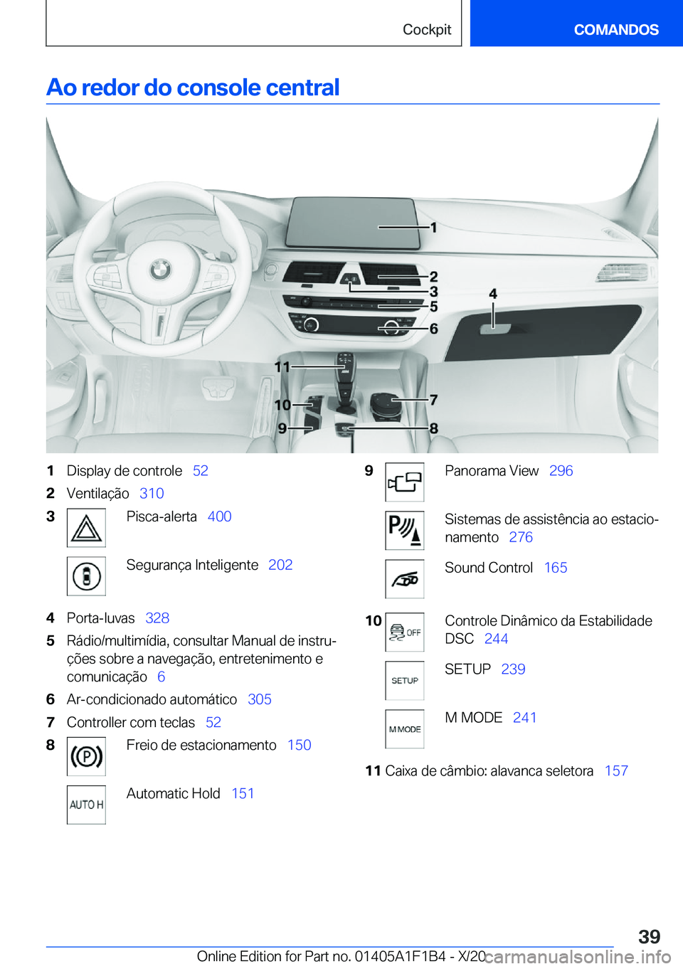 BMW M5 2021  Manual do condutor (in Portuguese) �A�o��r�e�d�o�r��d�o��c�o�n�s�o�l�e��c�e�n�t�r�a�l�1�D�i�s�p�l�a�y��d�e��c�o�n�t�r�o�l�e\_�5�2�2�V�e�n�t�i�l�a�