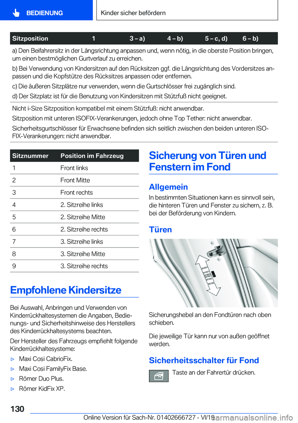 BMW M5 2020  Betriebsanleitungen (in German) �S�i�t�z�p�o�s�i�t�i�o�n�1�3�m��a�
�4�m��b�
�5�m��c�,��d�
�6�m��b�
�a�)��D�e�n��B�e�i�f�a�h�r�e�r�s�i�t�z��i�n��d�e�r��L�